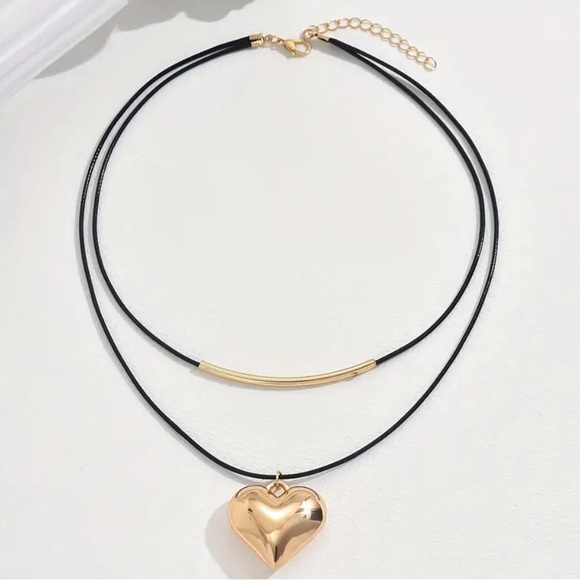 Black Cord Dual Layer Necklace with Geometric Heart - Picture 3 of 3